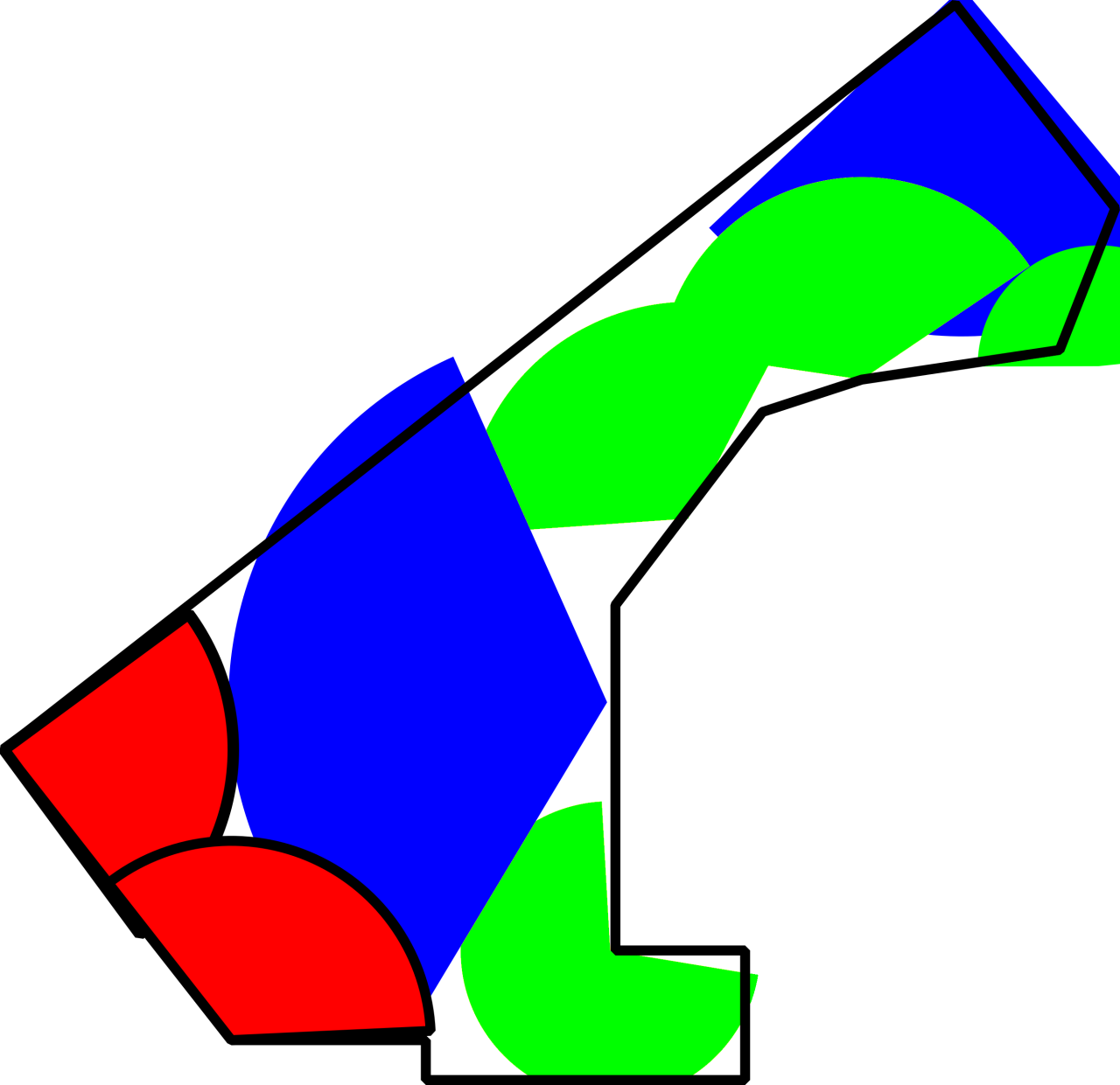Sketch of the lawn with circular sections representing coverage by different sprinklers.