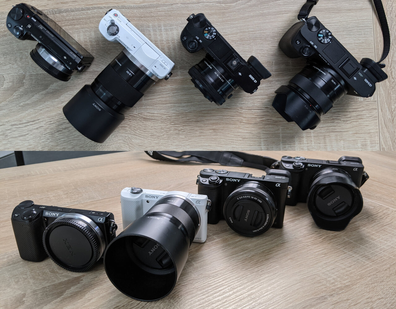 Photo of the four cameras used in this blog post, split into two images. The upper shows a top view of the cameras while the lower is looking at the front.