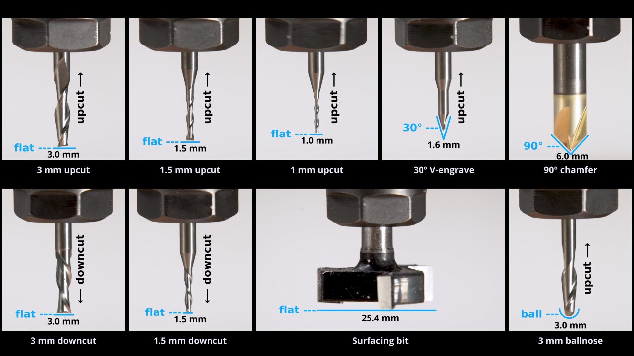 Photos of the nine bits I used. Each one is shown from the side with indications of diameter, shape and cutting direction.
