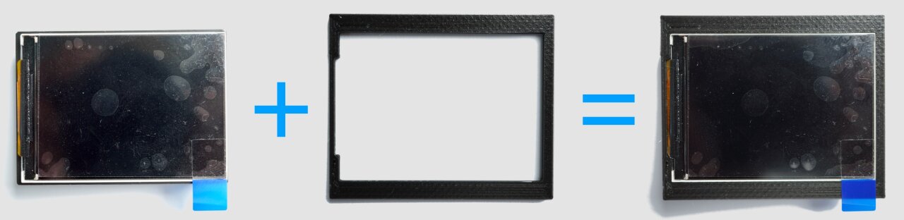 Three photos arranged as a mathematical formula. Photo 1 plus photo 2 equals photo 3. The first photo shows the display, the seconds a 3D printed frame for the display, the third photo shows the display inserted to the frame.