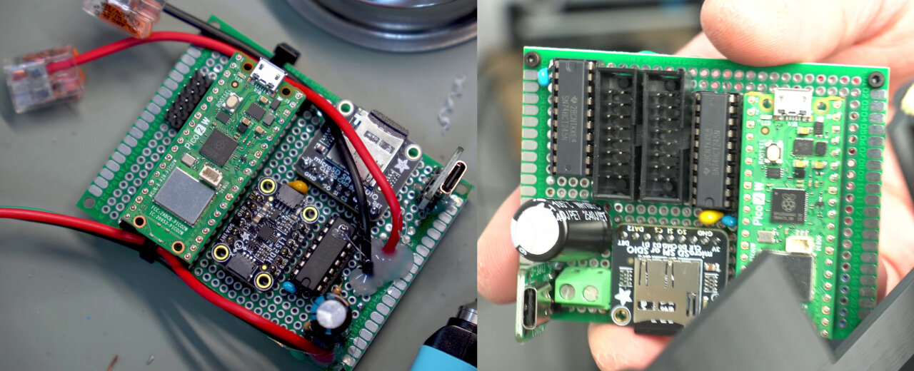 Photos of the two perfboards. On each the Pi Pico is prominently visible with several components like a large capacitor, a few ICs, SD card breakout board and connectors.